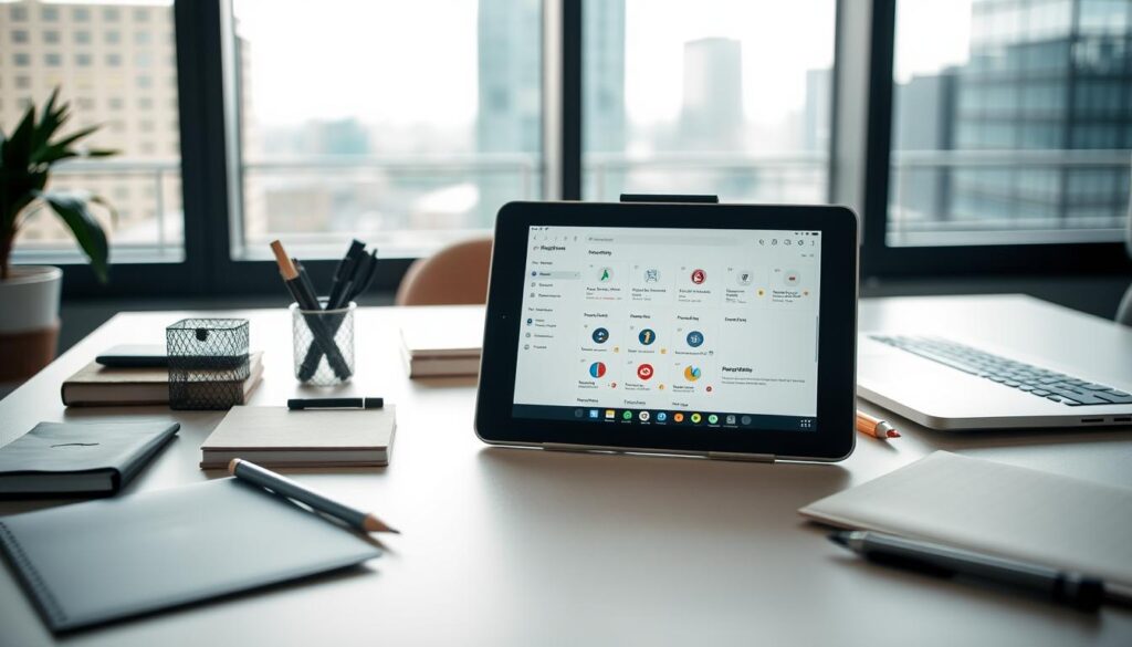 A productive workspace with an Impacto Tecno tablet at the center, surrounded by carefully organized stationery, notes, and a sleek laptop. Soft natural lighting filters through large windows, creating a serene and focused atmosphere. The tablet's screen displays a productivity app, its clean interface guiding the user through their tasks. In the middle ground, a thoughtfully curated desk setup with minimalist design elements. The background features a blurred urban landscape, suggesting a modern, professional setting. The overall composition conveys efficiency, organization, and the seamless integration of technology into a productive workflow.