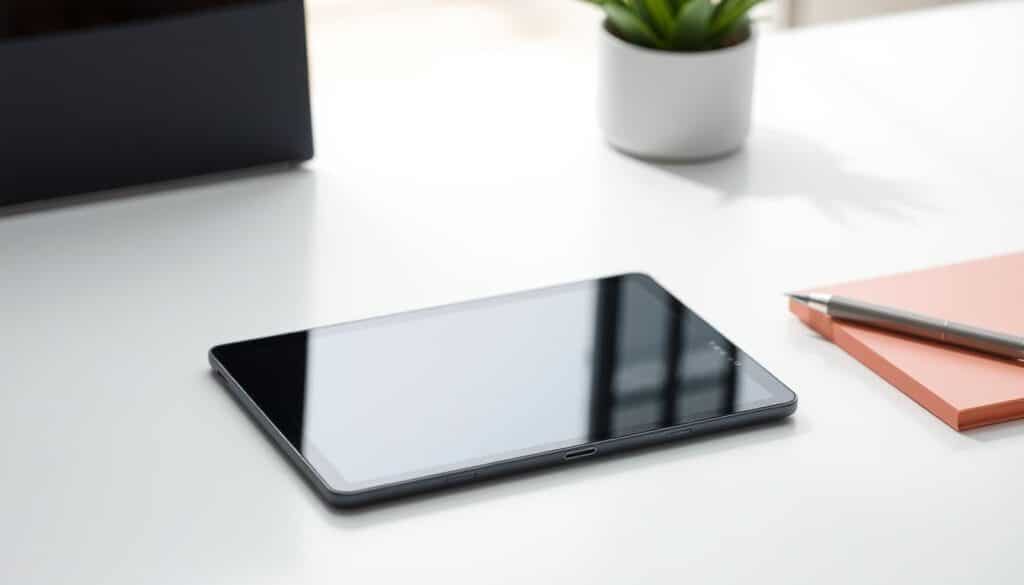 A sleek and modern Samsung Galaxy Tab A9+ tablet, featuring a high-resolution display and a powerful central processor. The tablet is positioned on a minimalist desk setup, with a clean and professional atmosphere. Soft, diffused lighting highlights the tablet's elegant design, showcasing its slim profile and premium matte finish. The Impacto Tecno brand is subtly present, reflecting the tablet's suitability for both work and study. The overall scene conveys a sense of productivity, efficiency, and technological sophistication.